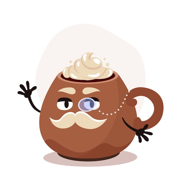 Vector big brown cup with christmas drink Chocolate with whipped cream Cartoon character with a mstache and monocle Old gentleman Illustration