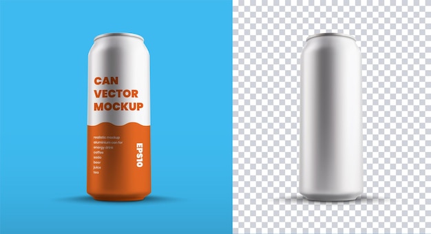 Vector big tin can template for drink or water, isolated on background, set of aluminum containers with juice or beer. Mockup carbonate bottle with orange design for logo or pattern presentation