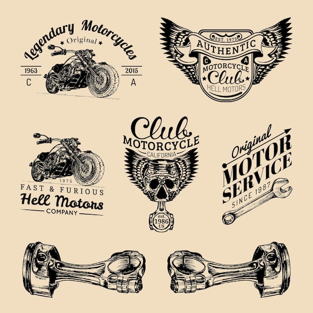 Vector biker club signs Motorcycle repair logos set Retro hand sketched garage labels Custom chopper store emblems