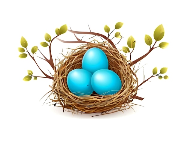 Vector Bird eggs with nest on a tree branch isolated