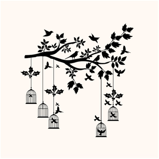 Vector bird and twig silhouettes cute birds and on branch romantic spring image black sparrows