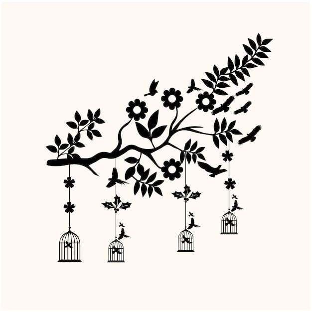 Vector birds on branches nature and animal silhouette and flower and wildlife vector illustration