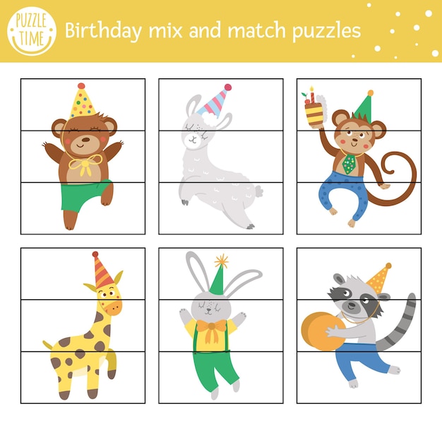 Vector Birthday mix and match puzzle with traditional holiday characters. Winter cut out matching activity for preschool children. Educational festive party printable game for kids