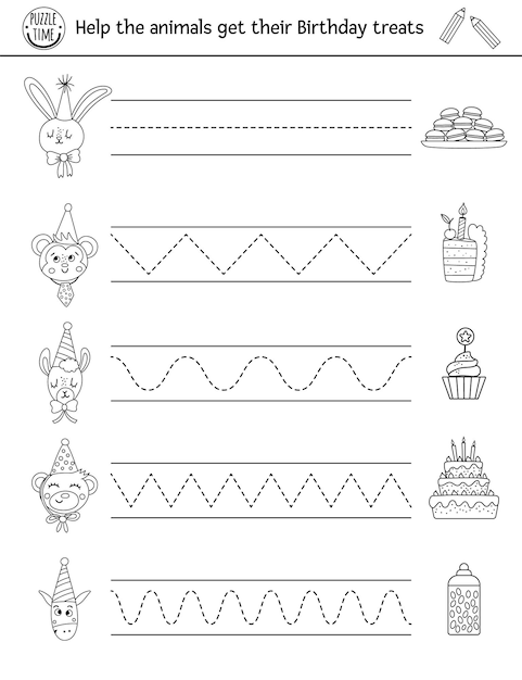 Vector Birthday party handwriting practice worksheet with cute animals and desserts. Holiday printable black and white activity for pre-school children. Educational tracing game for writing skills