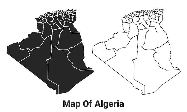 Vector vector black map of algeria country with borders of regions