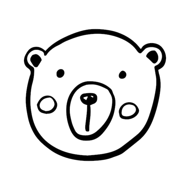 Vector black outline flat cartoon doodle bear face isolated on white background