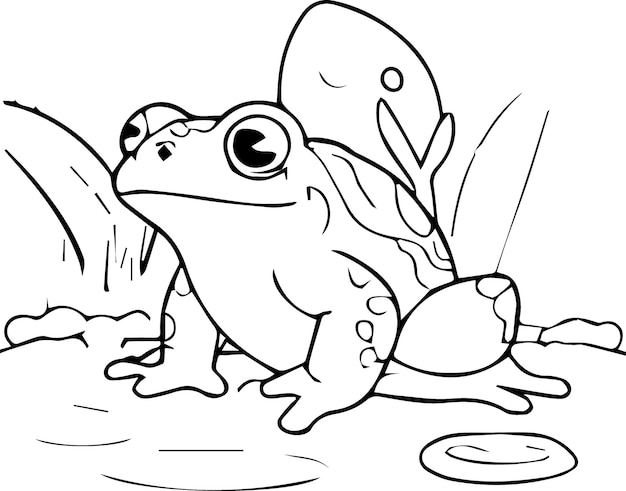 Vector black outline illustration of a cute bull frog for kids colouring pageon white background