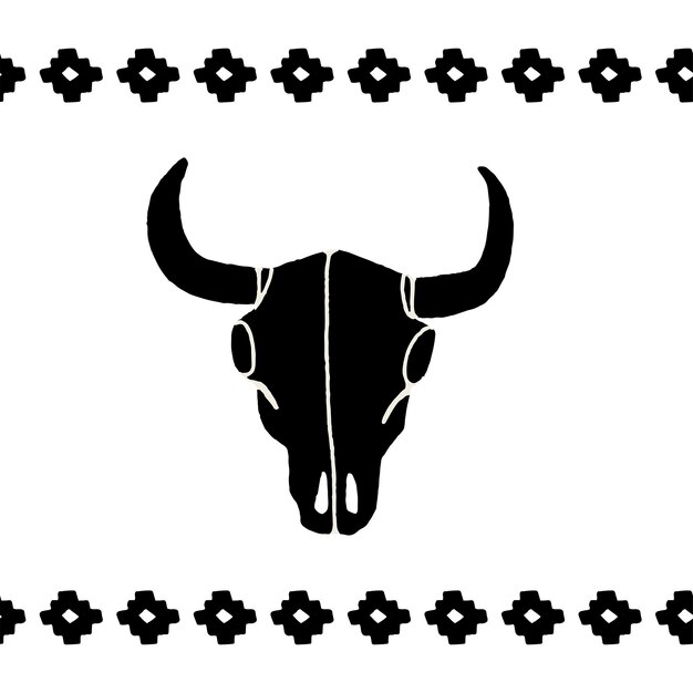 Vector black skulls buffalo, bull or cow on a white background. Hand-drawn graphics. Wild west sign symbol. Vintage emblem cow skull with horns.