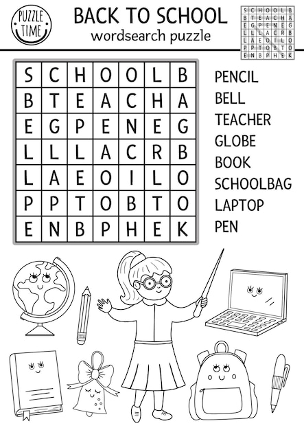 Vector black and white back to school wordsearch puzzle for kids Simple autumn outline crossword or coloring page Educational keyword activity with teacher and smiling kawaii school objects xA