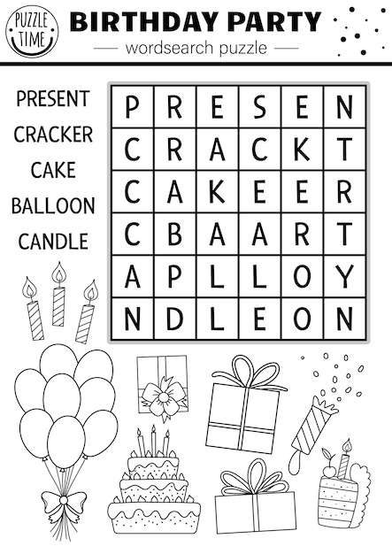 Vector black and white Birthday party wordsearch puzzle for kids Simple holiday crossword with present cake balloon candle Educational anniversary celebration keyword activityxA