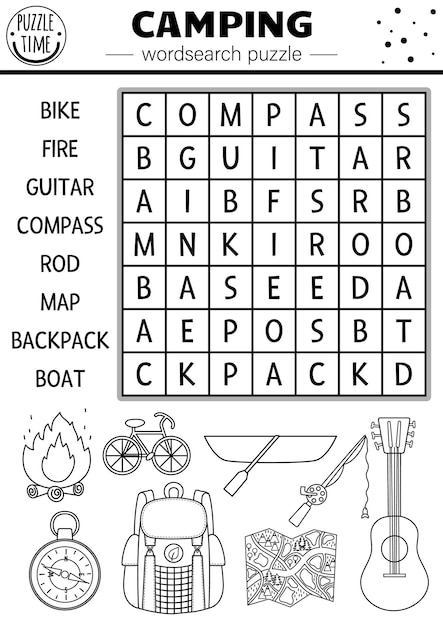 Vector black and white camping wordsearch puzzle Simple forest summer camp outline crossword or coloring page Educational keyword activity with kids backpack map bike boat fire guitar xA