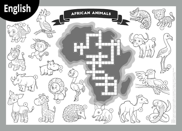 Vector black and white crossword in English education game for children Cartoon animals of Africa