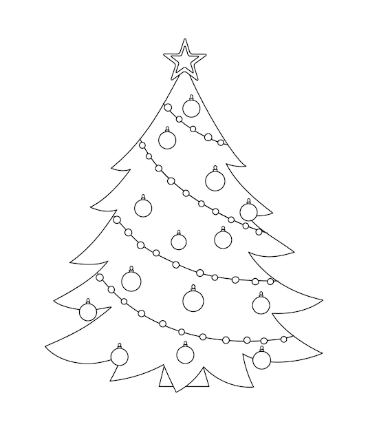 Vector black and white decorated Christmas tree isolated on white background. Cute funny line illustration of new year symbol. Fir line icon or coloring page.