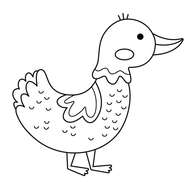 Vector black and white duck icon Cute cartoon illustration for kids Farm bird isolated on white background Line animal picture or coloring page for childrenxA