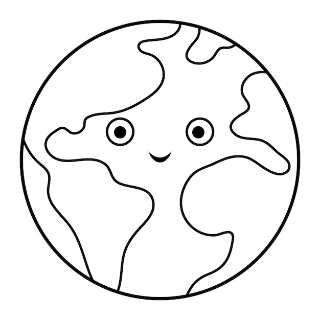 Vector black and white earth illustration for children Outline smiling planet icon isolated on white background Space coloring page for kids