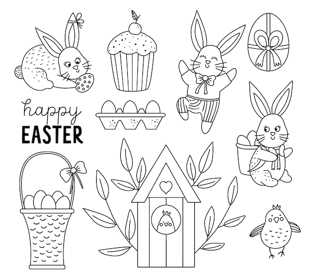 Vector black and white Easter bunnies set with basket chicken cake carrots Outline spring rabbits illustration Christian holiday line icons collection Easter coloring page for kidsxA