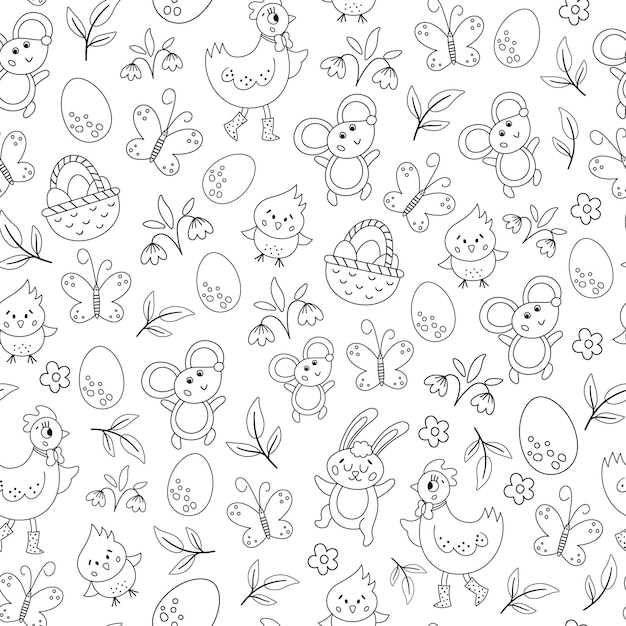 Vector black and white Easter characters seamless pattern Spring repeating background Cute outline animal digital paper for kids Funny texture with chick hen butterfly egg flowersxA