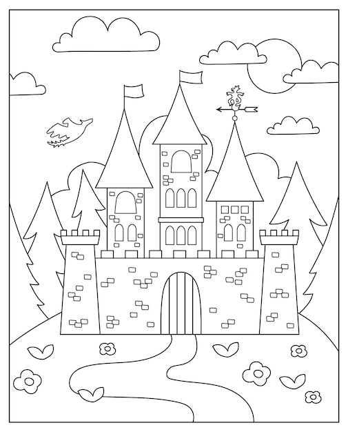 Vector black and white fairytale landscape with castle on a hill Fairy tale background Magic kingdom coloring page Scenery illustration with medieval palace towers flags trees flying dragonxA