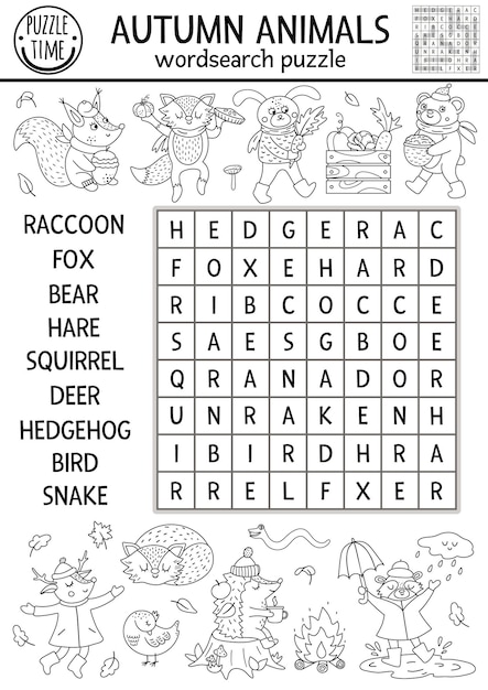 Vector black and white fall wordsearch puzzle for kids Simple outline crossword with autumn forest animals for children Line educational keyword activity with cute woodland charactersxA