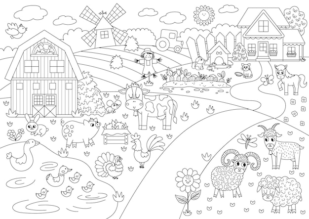 Vector black and white farm landscape illustration Outline rural village scene with animals barn Cute nature background with pond meadow garden Country field picture or coloring page xA