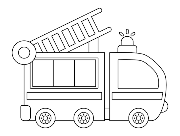 Vector vector black and white fire engine truck funny line transportation for kids cute vehicle special transport icon or coloring page isolated on white background