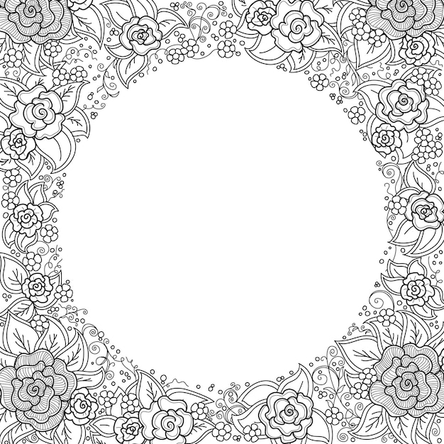 Vector black and white floral pattern of spirals, swirls, doodles