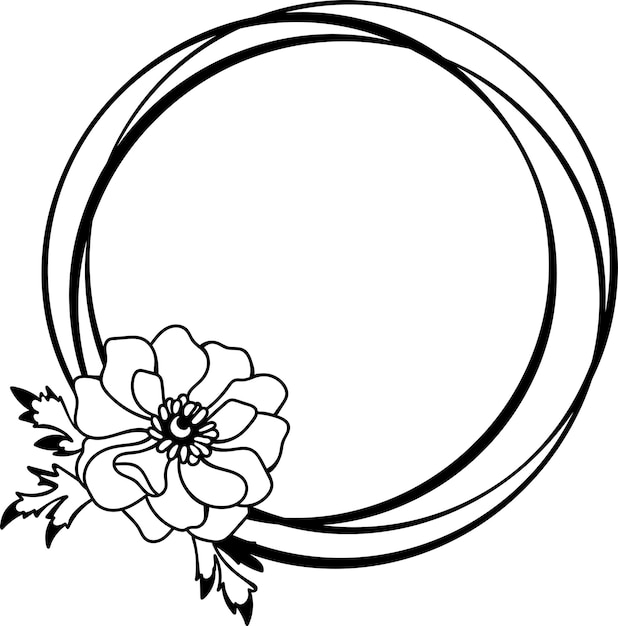 Vector black and white floral round frame wreath with anemone flower template