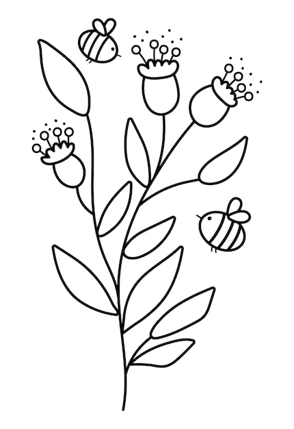 Vector black and white flowers with bees Funny outline illustration or coloring page with bumblebees pollinating plants Honey insects with greenery line iconxA