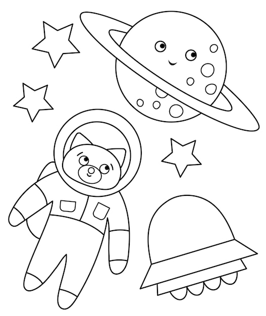 Vector black and white funny astronaut fox in space with planet stars UFO Cute cosmic illustration for children Astronomy coloring page with kawaii spacemanxA