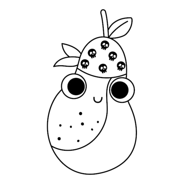 Vector black and white funny kawaii pear line icon or coloring page Pirate fruit illustration Comic plant fruit with eyes pirate hat and mouth isolated on white background