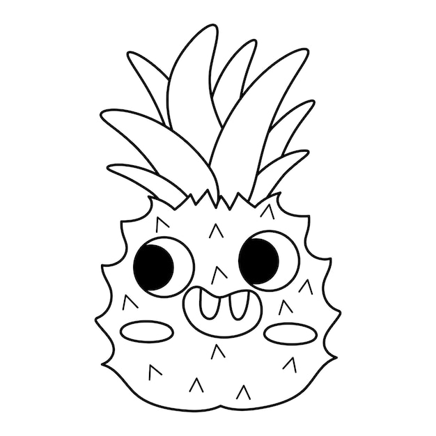 Vector black and white funny kawaii pineapple line icon or coloring page Pirate fruit illustration Comic plant fruit with eyes and mouth isolated on white background