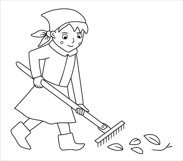 Vector black and white girl raking leaves with rakes illustration Cute outline kid doing garden work Spring line gardening activity picture or coloring page xA