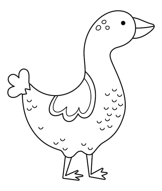 Vector black and white goose icon Cute cartoon gander illustration for kids Farm bird isolated on white background Line animal picture or coloring page for children