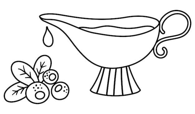 Vector black and white gravy boat with cranberry and sauce Traditional Thanksgiving food Festive meal outline clipart Holiday line illustrationxA