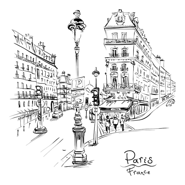 Vector black and white hand drawing paris street with traditional houses and lanterns paris france