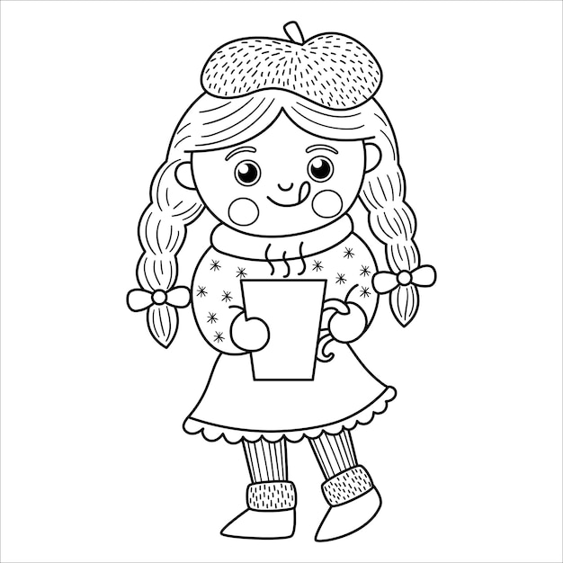 Vector black and white happy girl with long hair in plaits holding a mug with hot drink Cute winter kid illustration or coloring page Funny outline icon for Christmas New Year winter design