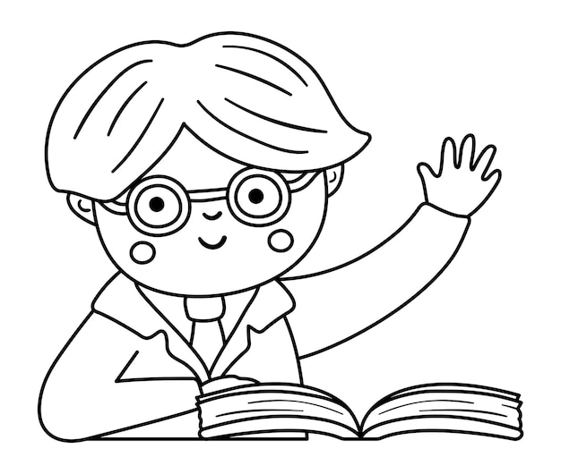 Vector black and white happy schoolboy with hand up Elementary contour school classroom illustration