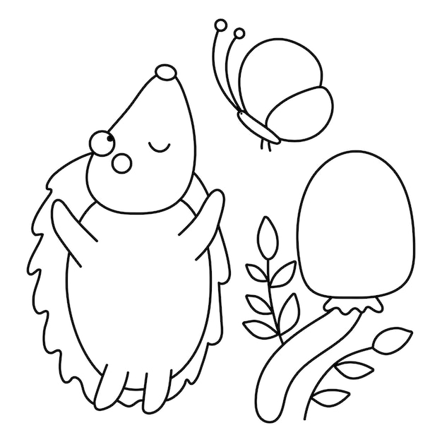 Vector black and white hedgehog catching a butterfly near mushroom Funny line autumn scene with prickly animal having fun Cute woodland outline illustration or coloring pagexA