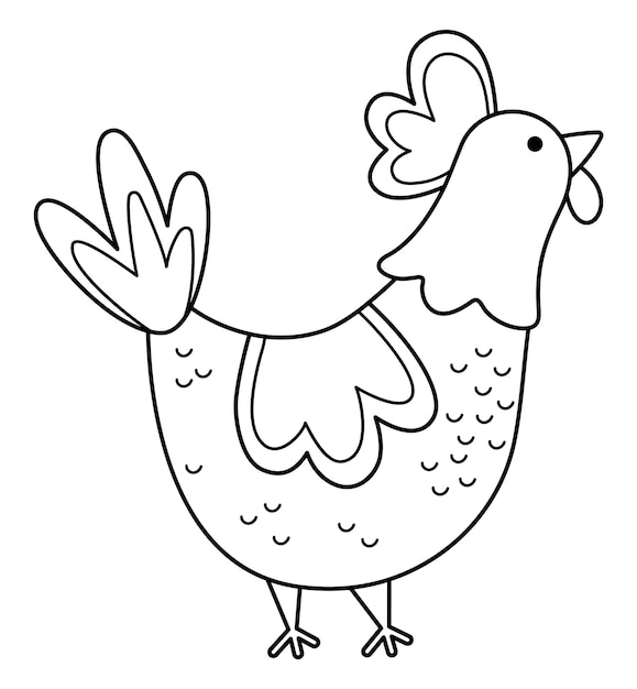 Vector black and white hen icon Cute cartoon chicken illustration for kids Outline farm bird isolated on white background Animal picture or coloring page for children