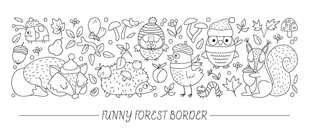 Vector black and white horizontal border set with cute animals and autumn forest elements Thanksgiving line card template design with woodland characters Funny fall borderxA