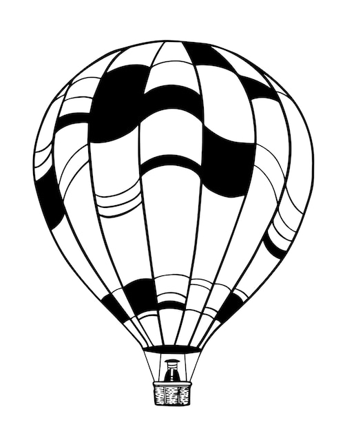 Vector black and white hot air balloon in lineart style isolated on white background