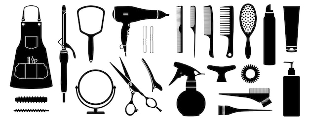 Vector black and white illustration collection of silhouettes of hairdressing accessories hair dryer curling iron apron combs scissors hairpins mirror brush sprayer gloves