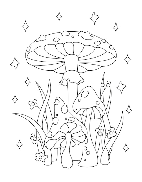 Vector black and white illustration of contours for coloring mushrooms fly agaric grass and flowers