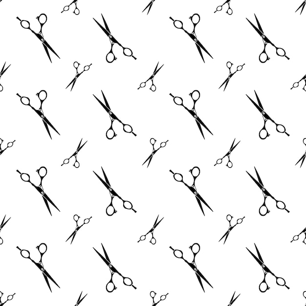 Vector black and white illustration of a pattern of hairdressing scissors