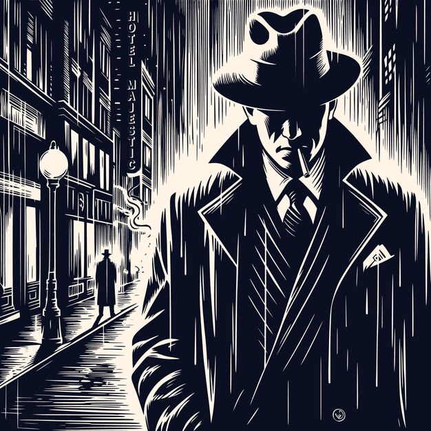 Vector vector black and white illustration private detective from film noir