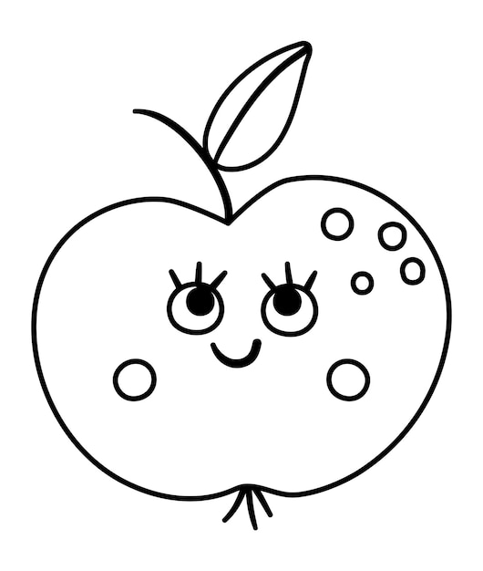 Vector black and white kawaii apple illustration Contour back to school educational clipart Cute outline style smiling fruit with eyes Funny line icon for kidsxA