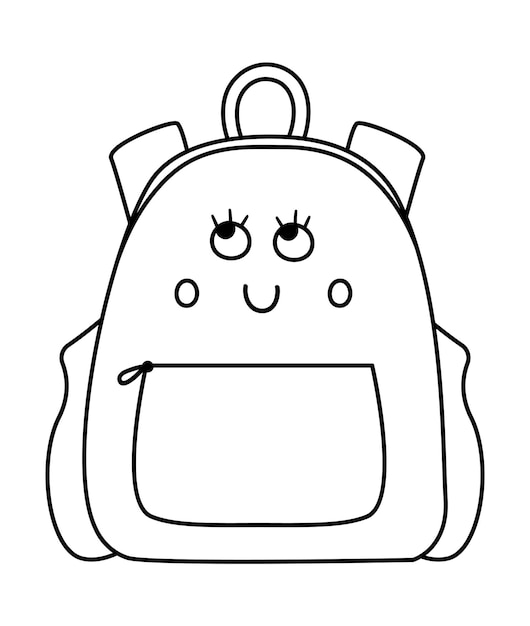 Vector black and white kawaii schoolbag illustration Outline back to school educational clipart Cute outline style smiling backpack with eyes Funny line icon for kidsxA