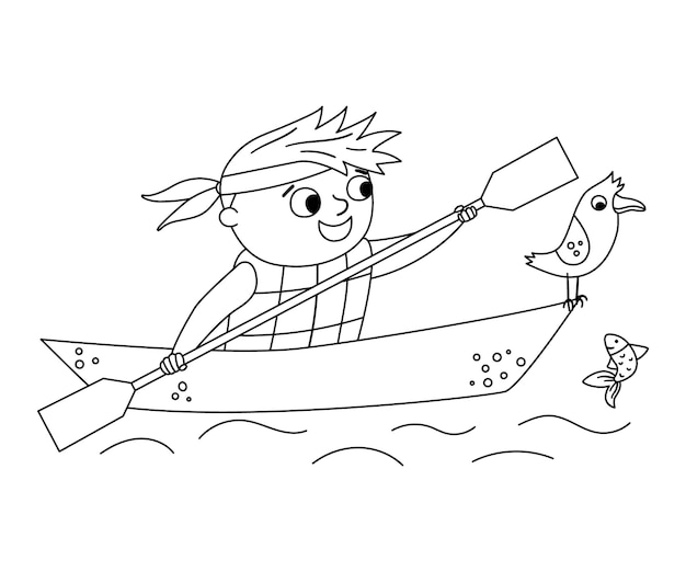 Vector black and white kayaking boy Campfire line rafting scene with cute kid in a boat with paddle and seagull Outdoor water activity or summer camp tourist or traveler outline icon xA