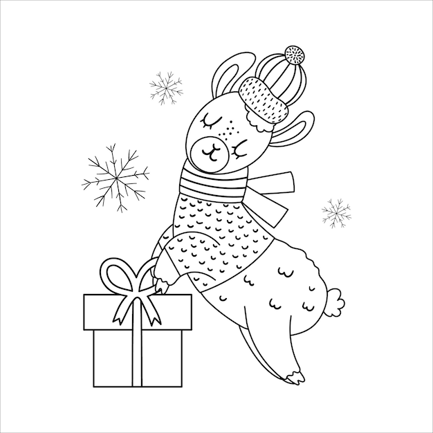 Vector black and white llama in hat and scarf with gift box and snowflakes. Cute winter animal line illustration with present in hands. Funny Christmas card design. New Year print template