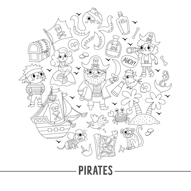 Vector black and white pirate round frame with pirates ship and animals Line treasure island card